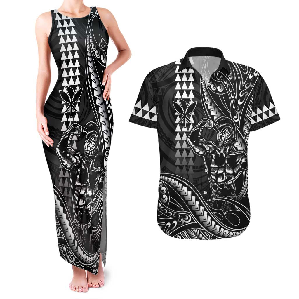 Hawaii Ikaika Warrior Helmet Couples Matching Tank Maxi Dress and Hawaiian Shirt Black Tribal Tattoo LT05 Black - Polynesian Pride
