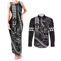 Hawaii Ikaika Warrior Helmet Couples Matching Tank Maxi Dress and Long Sleeve Button Shirt Black Tribal Tattoo LT05 Black - Polynesian Pride