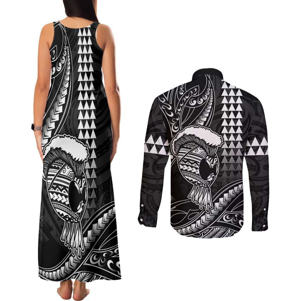 Hawaii Ikaika Warrior Helmet Couples Matching Tank Maxi Dress and Long Sleeve Button Shirt Black Tribal Tattoo LT05 - Polynesian Pride