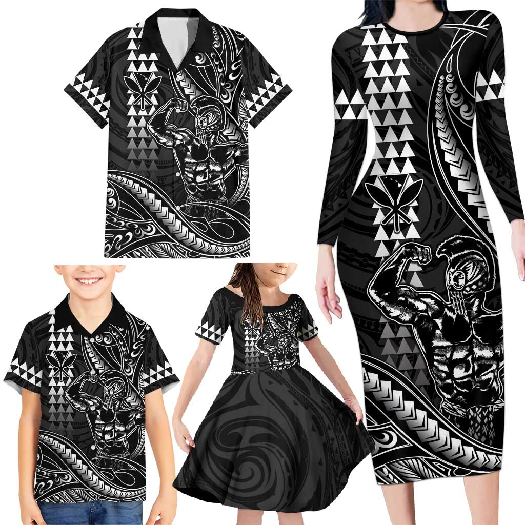 Hawaii Ikaika Warrior Helmet Family Matching Long Sleeve Bodycon Dress and Hawaiian Shirt Black Tribal Tattoo LT05 - Polynesian Pride