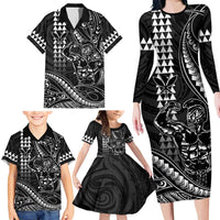 Hawaii Ikaika Warrior Helmet Family Matching Long Sleeve Bodycon Dress and Hawaiian Shirt Black Tribal Tattoo LT05 - Polynesian Pride