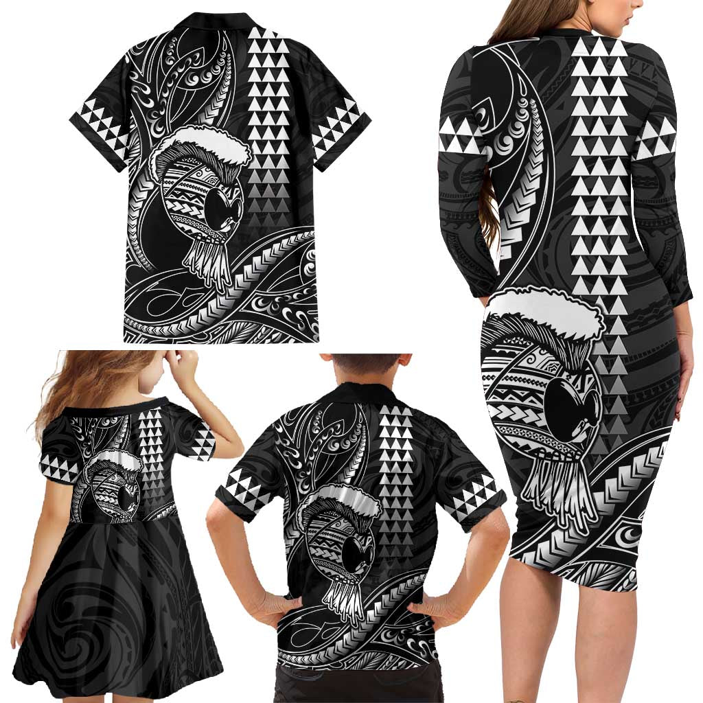 Hawaii Ikaika Warrior Helmet Family Matching Long Sleeve Bodycon Dress and Hawaiian Shirt Black Tribal Tattoo LT05 - Polynesian Pride