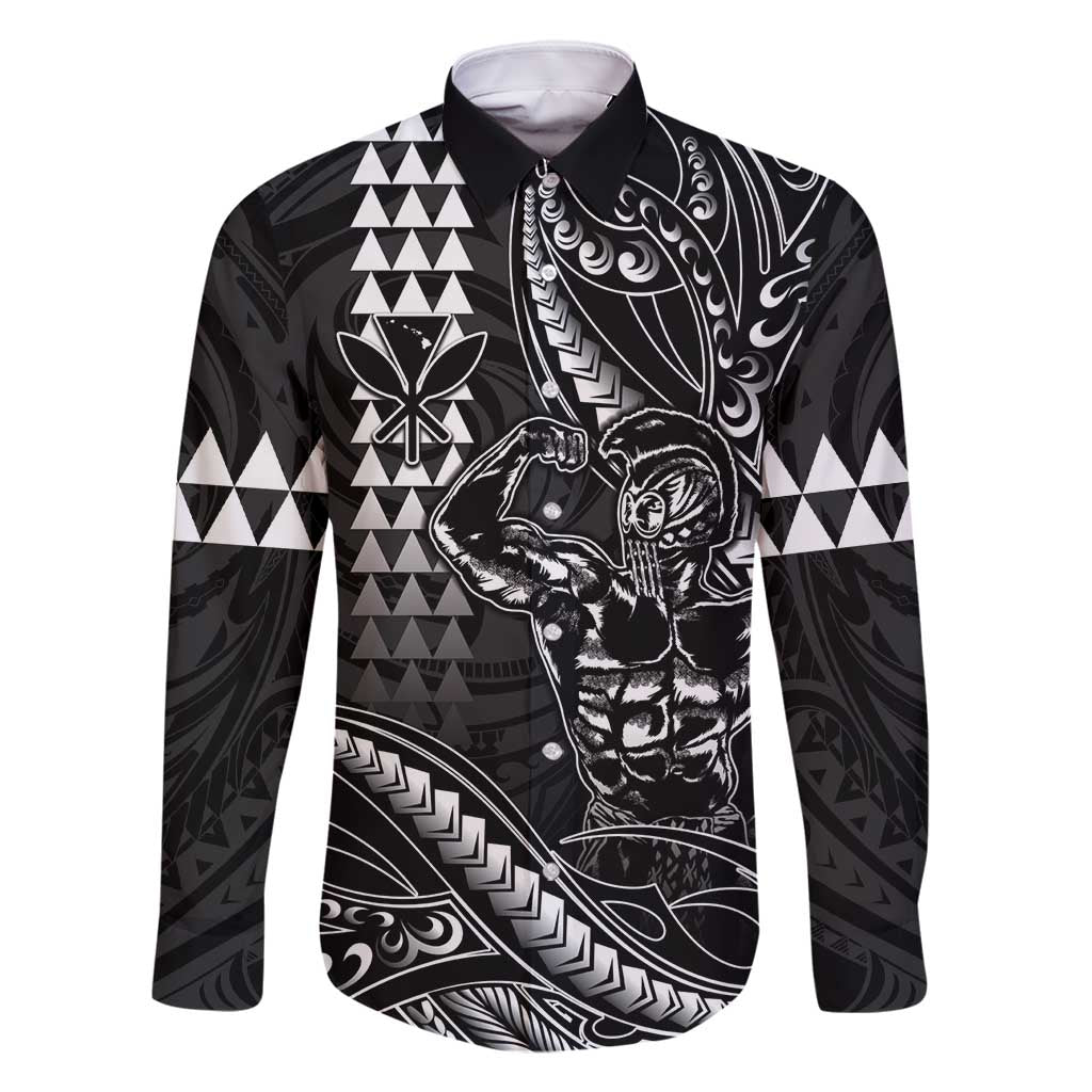 Hawaii Ikaika Warrior Helmet Family Matching Long Sleeve Bodycon Dress and Hawaiian Shirt Black Tribal Tattoo LT05 Dad's Shirt - Long Sleeve Black - Polynesian Pride