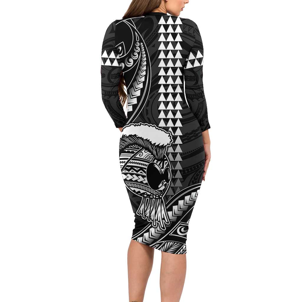 Hawaii Ikaika Warrior Helmet Family Matching Long Sleeve Bodycon Dress and Hawaiian Shirt Black Tribal Tattoo LT05 - Polynesian Pride