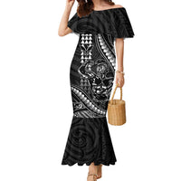 Hawaii Ikaika Warrior Helmet Family Matching Mermaid Dress and Hawaiian Shirt Black Tribal Tattoo LT05 Mom's Dress Black - Polynesian Pride