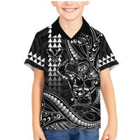 Hawaii Ikaika Warrior Helmet Family Matching Mermaid Dress and Hawaiian Shirt Black Tribal Tattoo LT05 Son's Shirt Black - Polynesian Pride