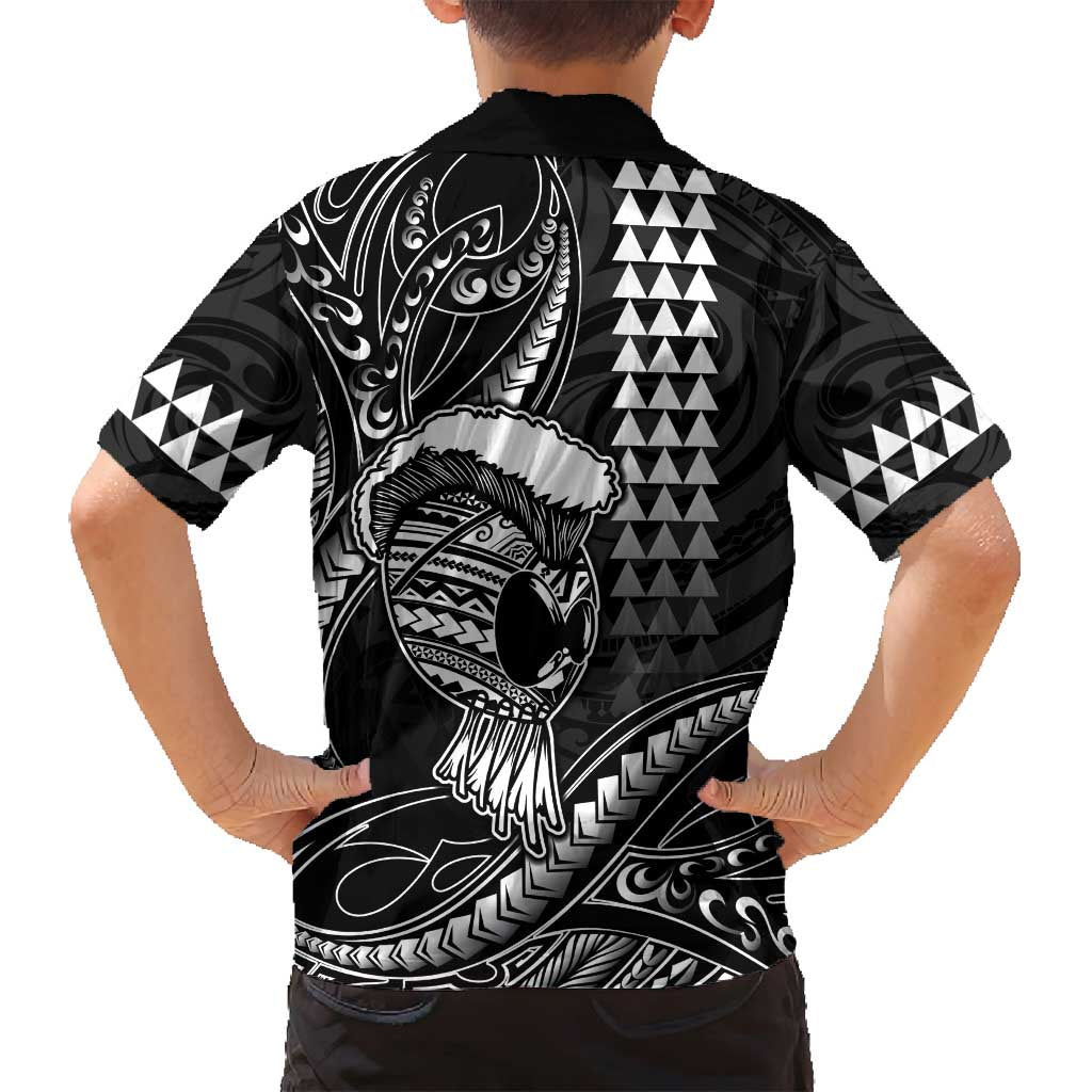 Hawaii Ikaika Warrior Helmet Family Matching Off Shoulder Short Dress and Hawaiian Shirt Black Tribal Tattoo LT05 - Polynesian Pride