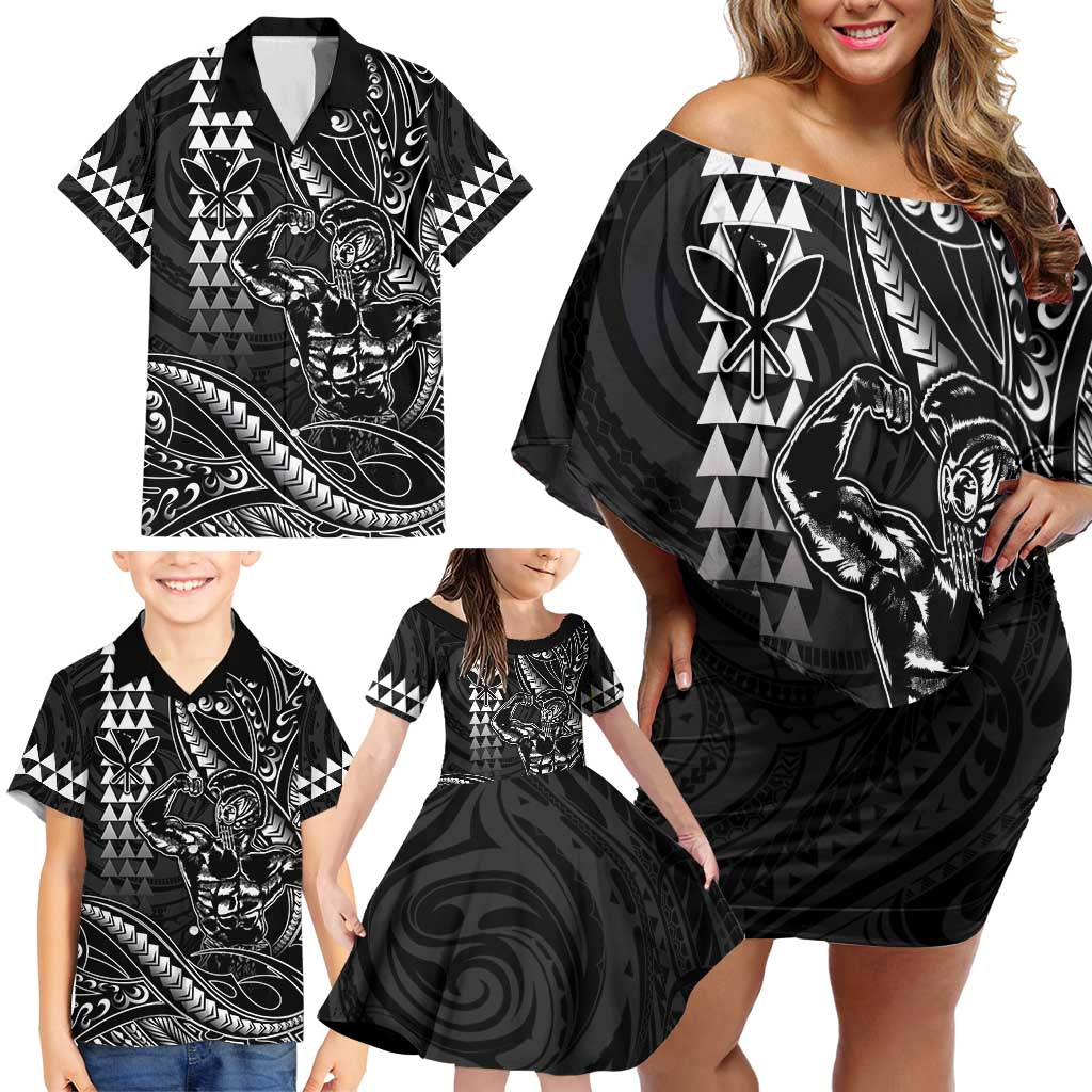 Hawaii Ikaika Warrior Helmet Family Matching Off Shoulder Short Dress and Hawaiian Shirt Black Tribal Tattoo LT05 - Polynesian Pride