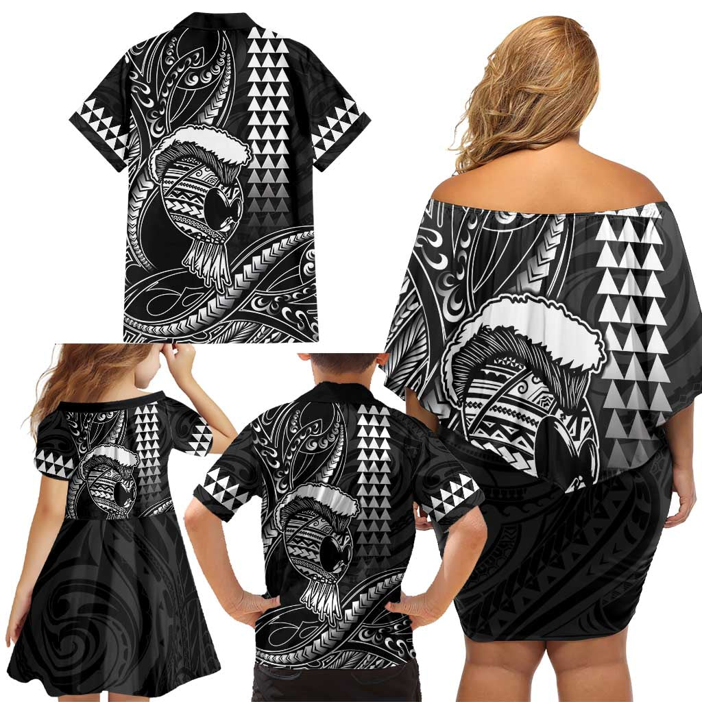 Hawaii Ikaika Warrior Helmet Family Matching Off Shoulder Short Dress and Hawaiian Shirt Black Tribal Tattoo LT05 - Polynesian Pride