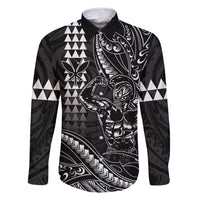 Hawaii Ikaika Warrior Helmet Family Matching Off Shoulder Short Dress and Hawaiian Shirt Black Tribal Tattoo LT05 Dad's Shirt - Long Sleeve Black - Polynesian Pride