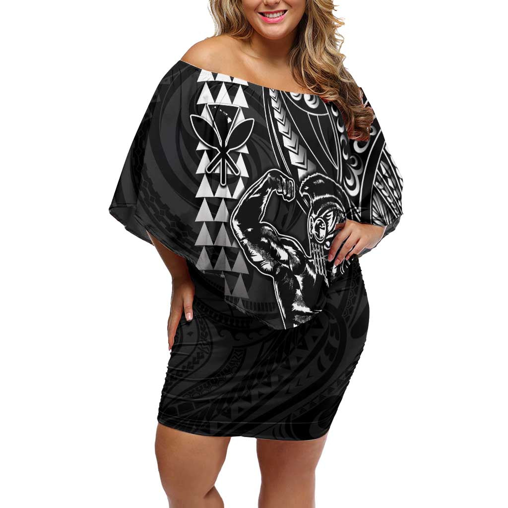 Hawaii Ikaika Warrior Helmet Family Matching Off Shoulder Short Dress and Hawaiian Shirt Black Tribal Tattoo LT05 Mom's Dress Black - Polynesian Pride