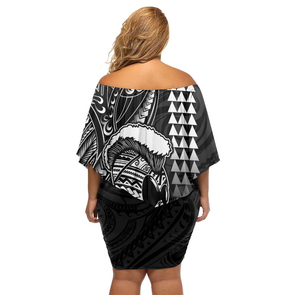 Hawaii Ikaika Warrior Helmet Family Matching Off Shoulder Short Dress and Hawaiian Shirt Black Tribal Tattoo LT05 - Polynesian Pride