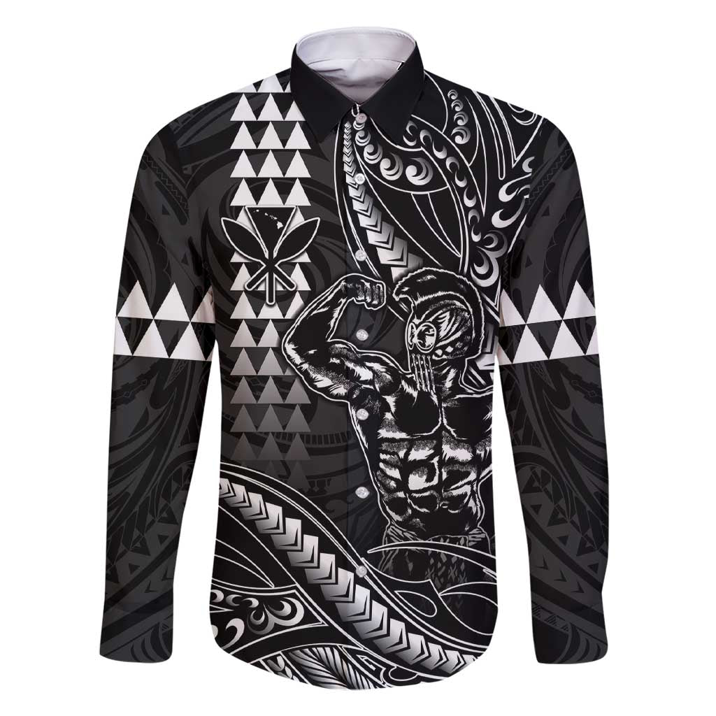Hawaii Ikaika Warrior Helmet Family Matching Short Sleeve Bodycon Dress and Hawaiian Shirt Black Tribal Tattoo LT05 Dad's Shirt - Long Sleeve Black - Polynesian Pride