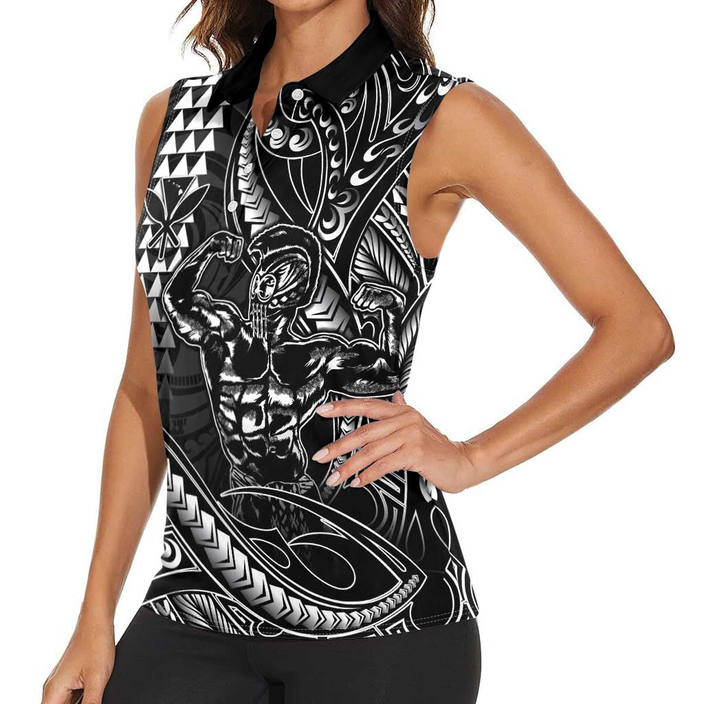 Hawaii Ikaika Warrior Helmet Women Sleeveless Polo Shirt Black Tribal Tattoo LT05 - Polynesian Pride