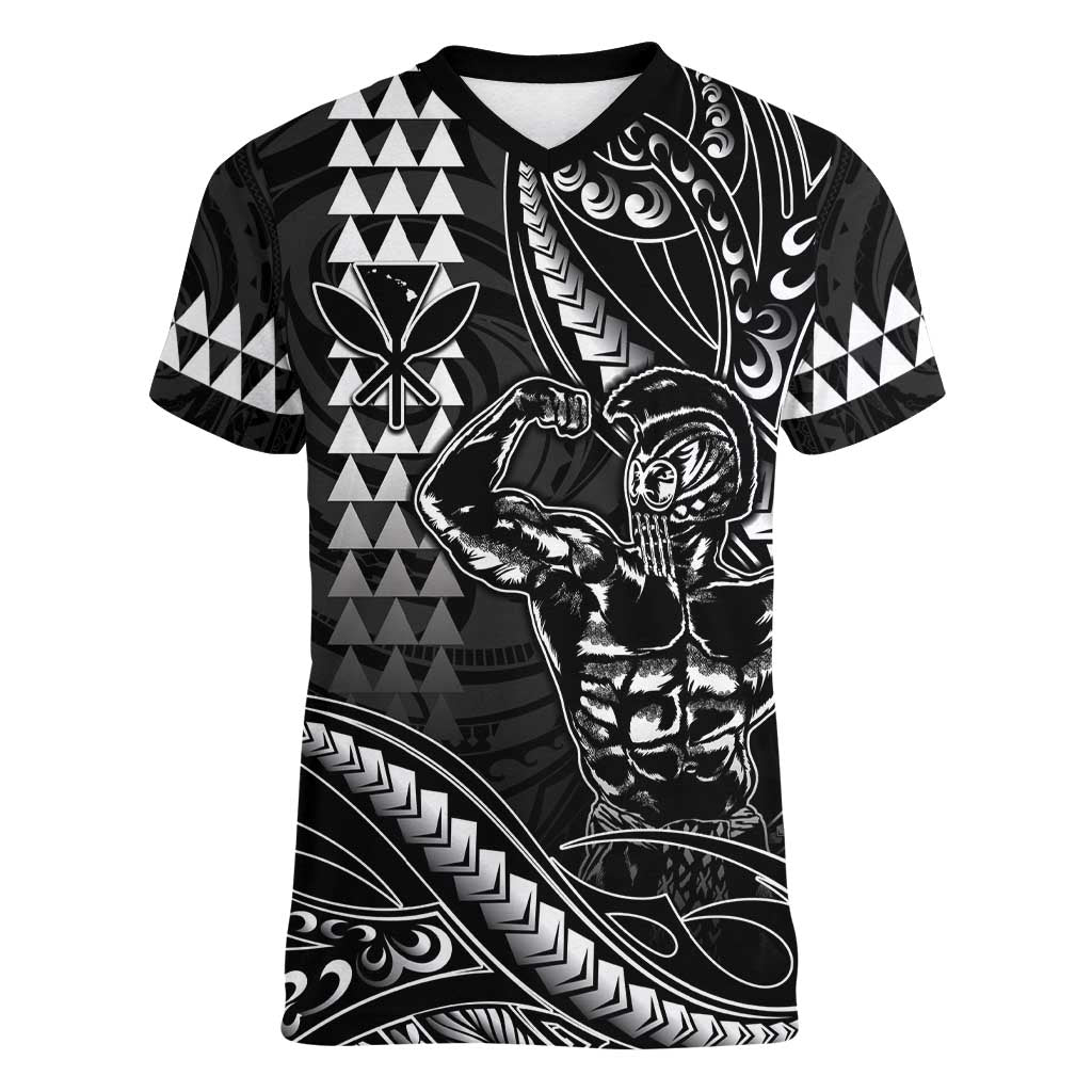 Hawaii Ikaika Warrior Helmet Women V-Neck T-Shirt Black Tribal Tattoo LT05 Female Black - Polynesian Pride