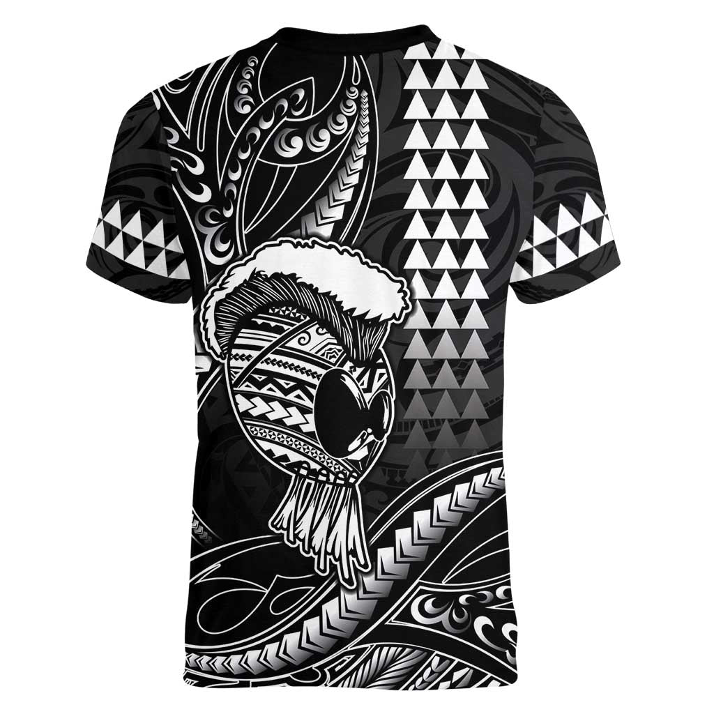 Hawaii Ikaika Warrior Helmet Women V-Neck T-Shirt Black Tribal Tattoo LT05 - Polynesian Pride