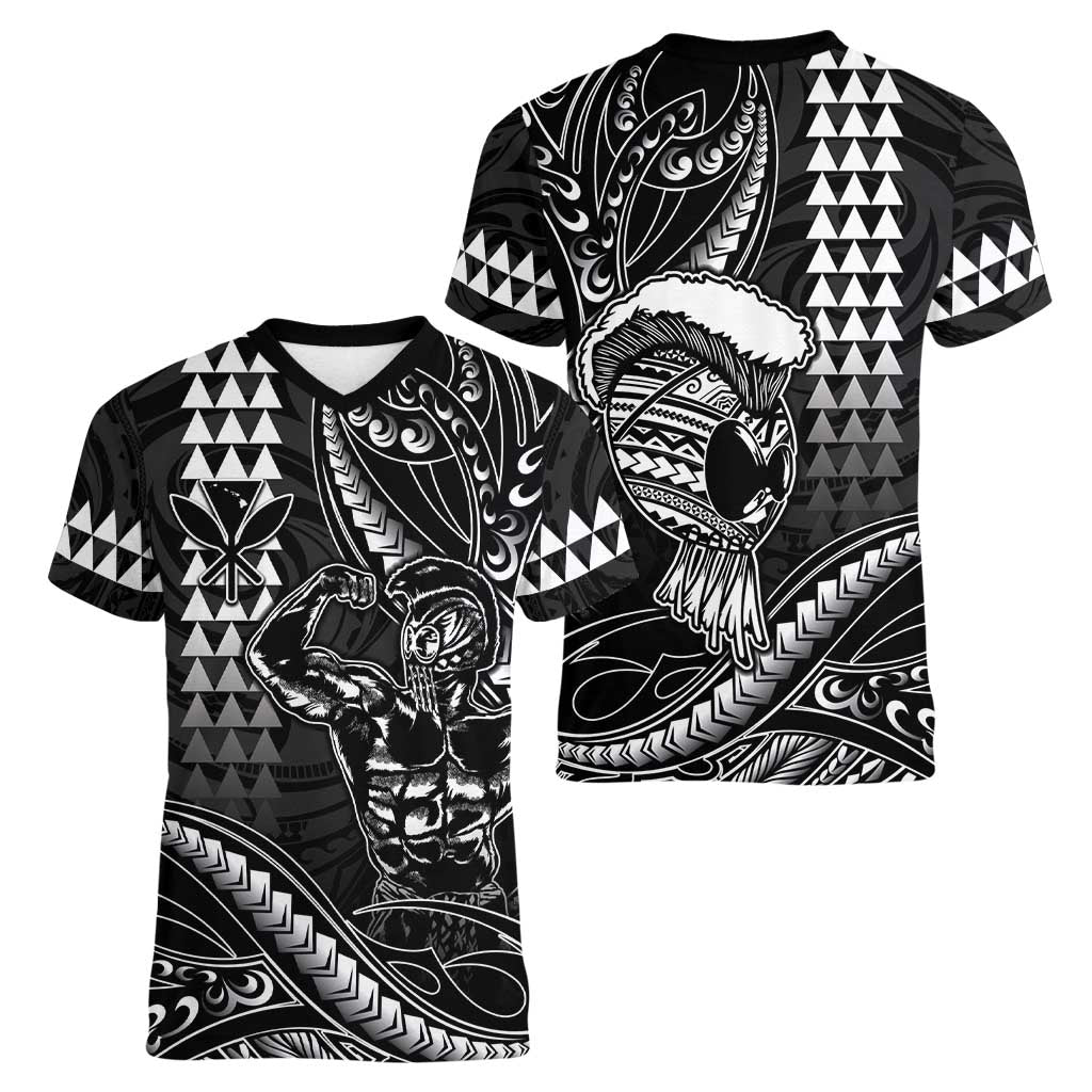Hawaii Ikaika Warrior Helmet Women V-Neck T-Shirt Black Tribal Tattoo LT05 - Polynesian Pride