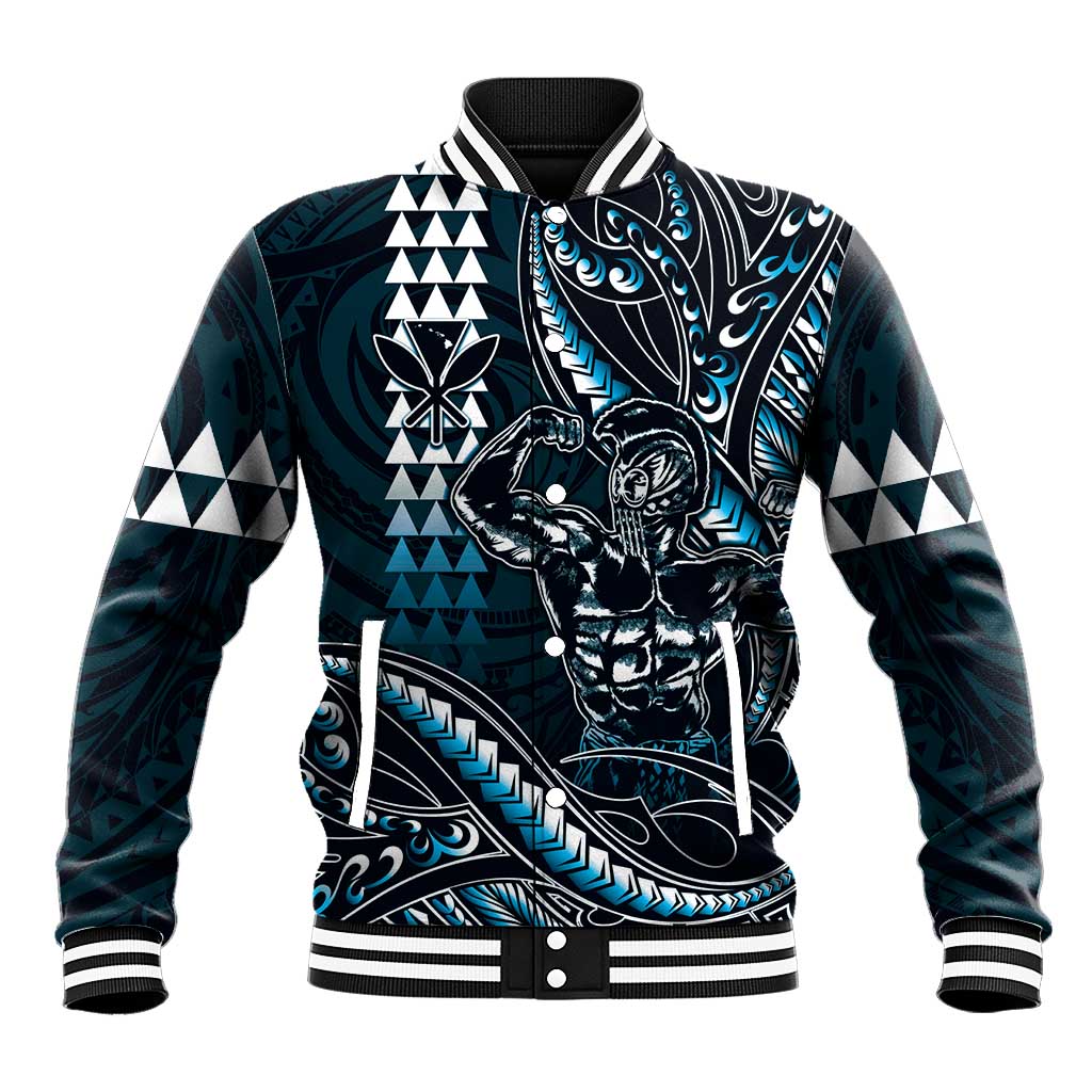 Hawaii Ikaika Warrior Helmet Baseball Jacket Blue Tribal Tattoo LT05 Unisex Blue - Polynesian Pride