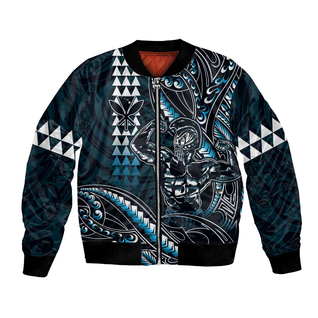 Hawaii Ikaika Warrior Helmet Bomber Jacket Blue Tribal Tattoo