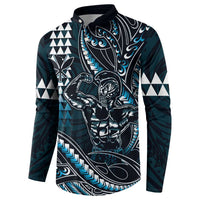 Hawaii Ikaika Warrior Helmet Button Sweatshirt Blue Tribal Tattoo LT05 - Polynesian Pride