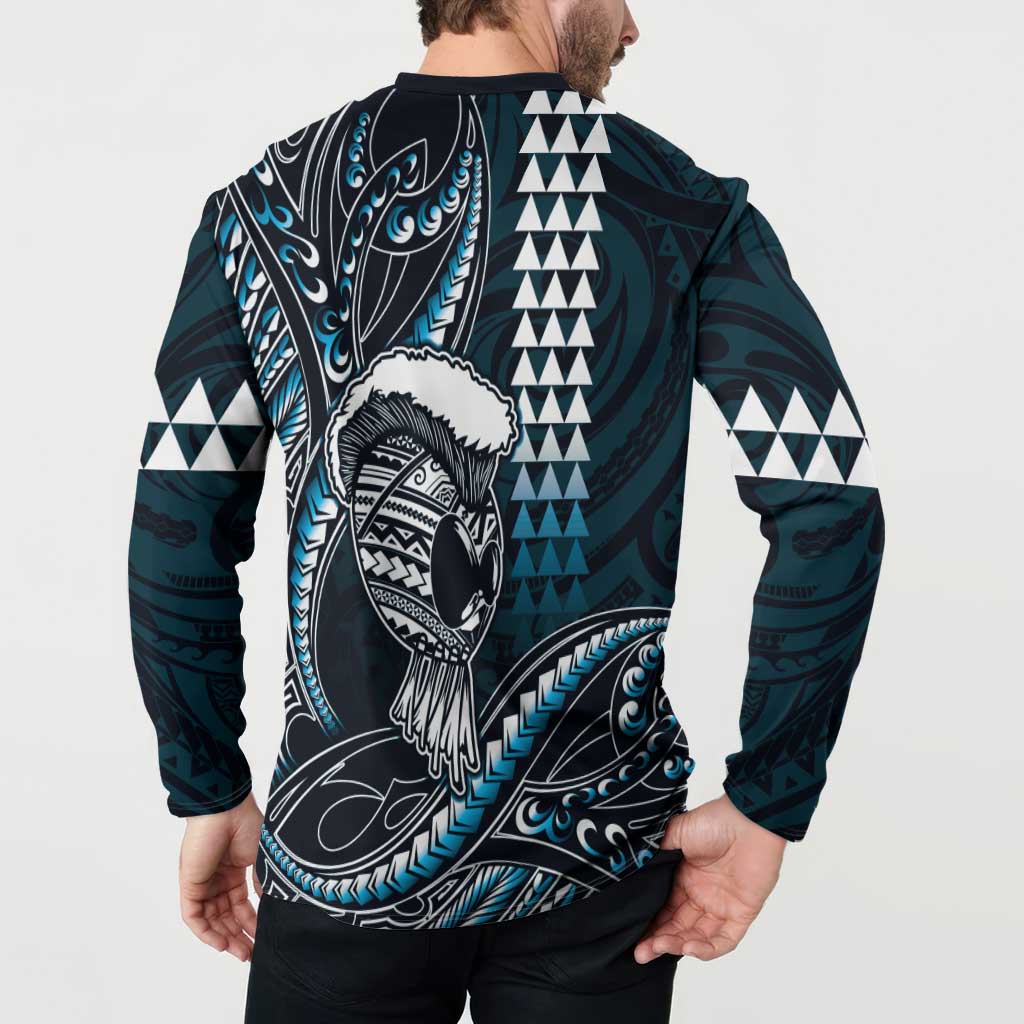 Hawaii Ikaika Warrior Helmet Button Sweatshirt Blue Tribal Tattoo LT05 - Polynesian Pride