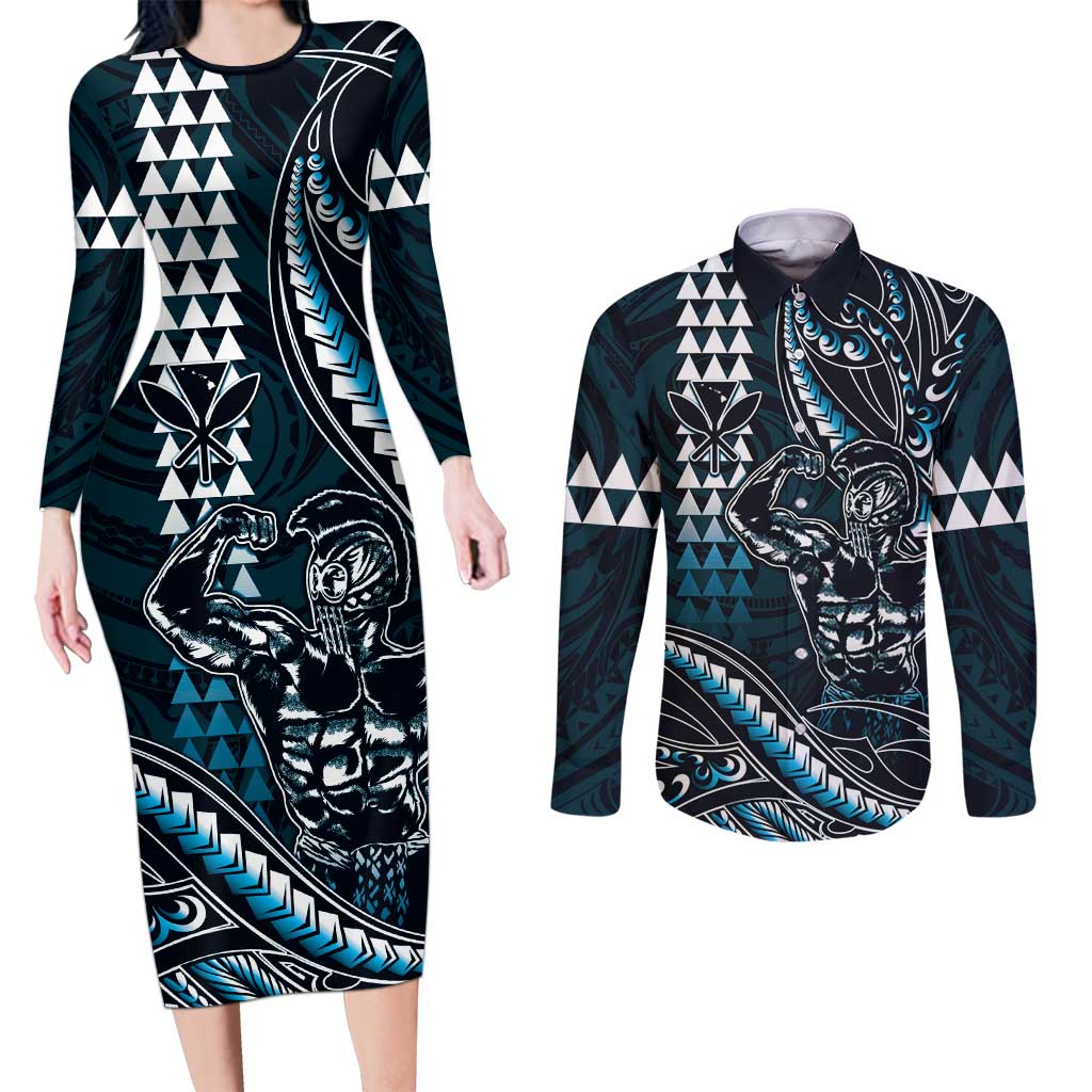 Hawaii Ikaika Warrior Helmet Couples Matching Long Sleeve Bodycon Dress and Long Sleeve Button Shirt Blue Tribal Tattoo LT05 Blue - Polynesian Pride