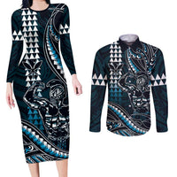 Hawaii Ikaika Warrior Helmet Couples Matching Long Sleeve Bodycon Dress and Long Sleeve Button Shirt Blue Tribal Tattoo LT05 Blue - Polynesian Pride