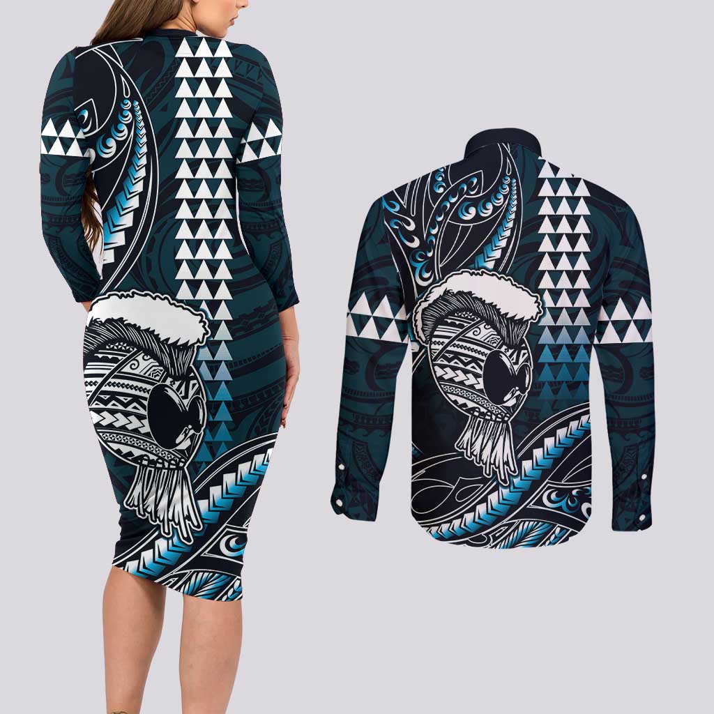 Hawaii Ikaika Warrior Helmet Couples Matching Long Sleeve Bodycon Dress and Long Sleeve Button Shirt Blue Tribal Tattoo LT05 - Polynesian Pride