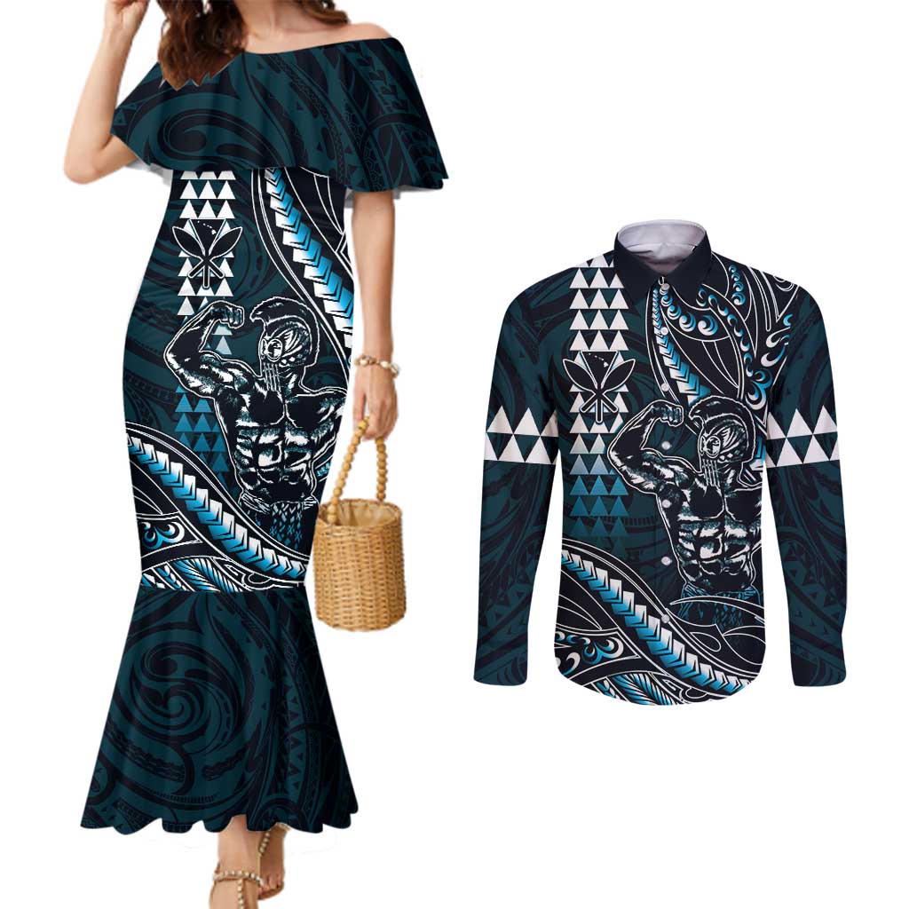 Hawaii Ikaika Warrior Helmet Couples Matching Mermaid Dress and Long Sleeve Button Shirt Blue Tribal Tattoo LT05 Blue - Polynesian Pride