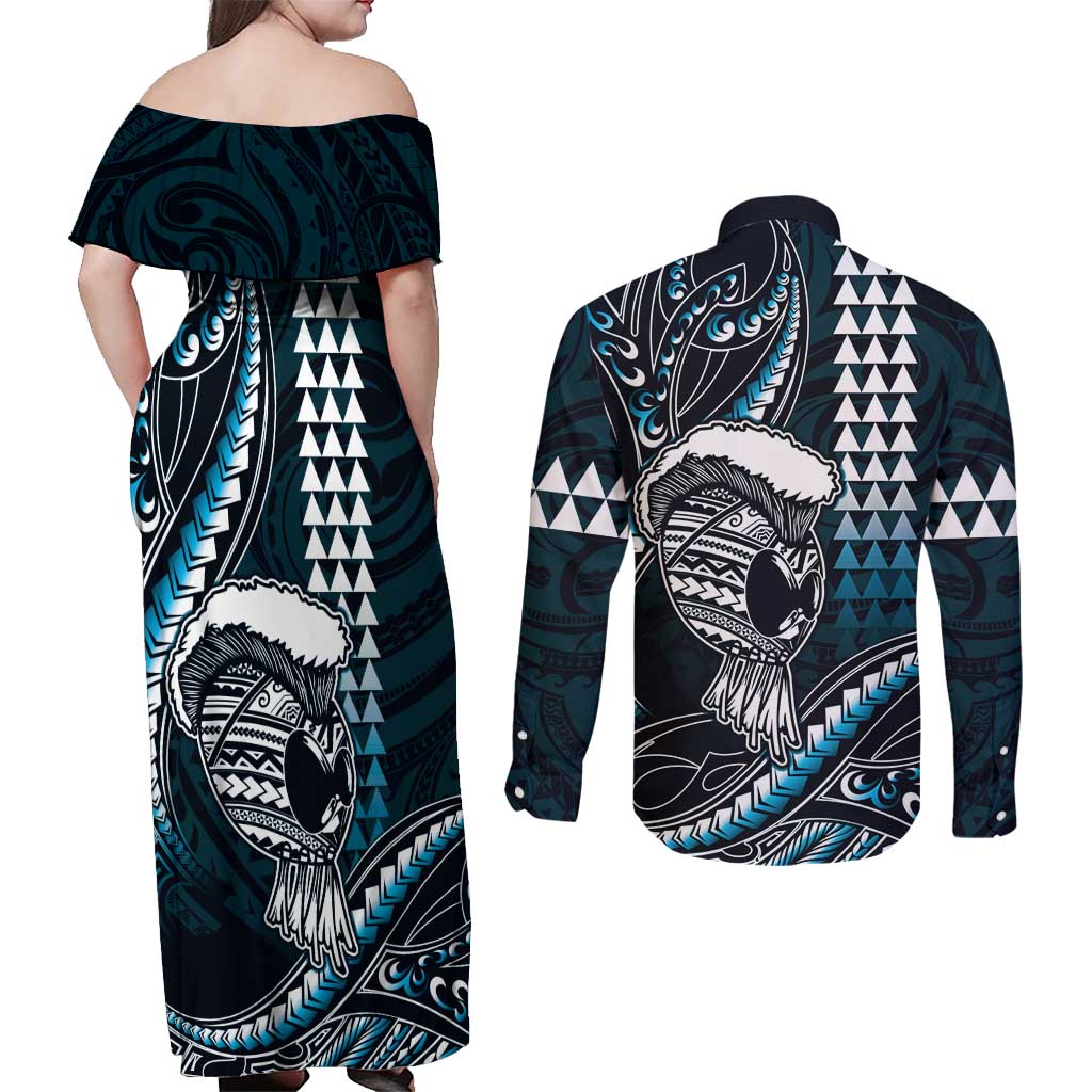 Hawaii Ikaika Warrior Helmet Couples Matching Off Shoulder Maxi Dress and Long Sleeve Button Shirt Blue Tribal Tattoo LT05 - Polynesian Pride