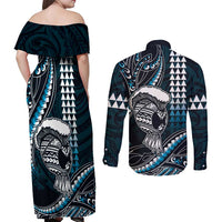 Hawaii Ikaika Warrior Helmet Couples Matching Off Shoulder Maxi Dress and Long Sleeve Button Shirt Blue Tribal Tattoo LT05 - Polynesian Pride