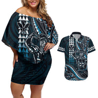 Hawaii Ikaika Warrior Helmet Couples Matching Off Shoulder Short Dress and Hawaiian Shirt Blue Tribal Tattoo LT05 Blue - Polynesian Pride