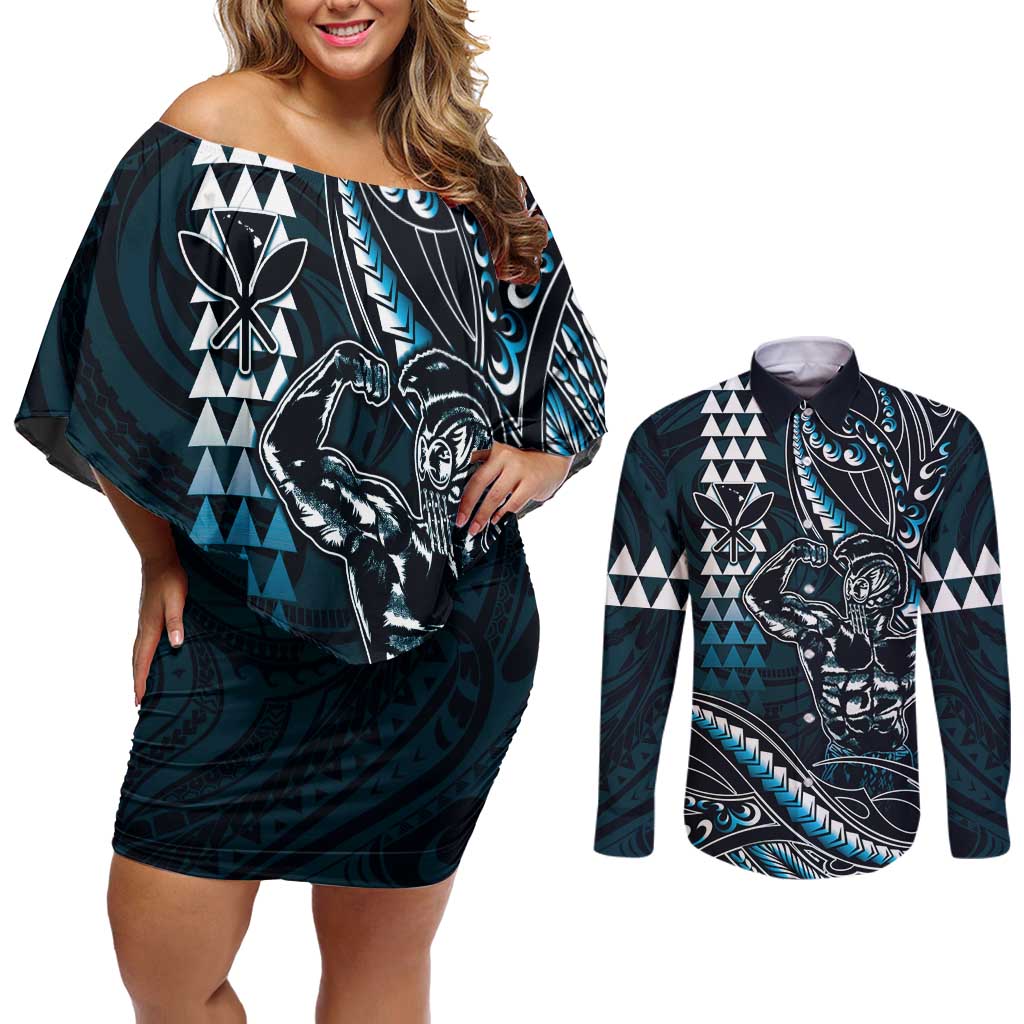 Hawaii Ikaika Warrior Helmet Couples Matching Off Shoulder Short Dress and Long Sleeve Button Shirt Blue Tribal Tattoo LT05 Blue - Polynesian Pride