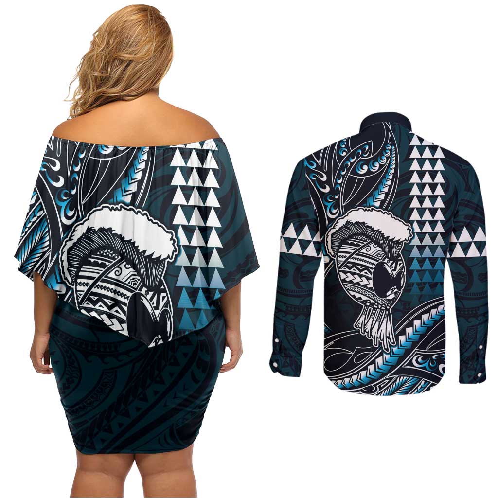 Hawaii Ikaika Warrior Helmet Couples Matching Off Shoulder Short Dress and Long Sleeve Button Shirt Blue Tribal Tattoo LT05 - Polynesian Pride
