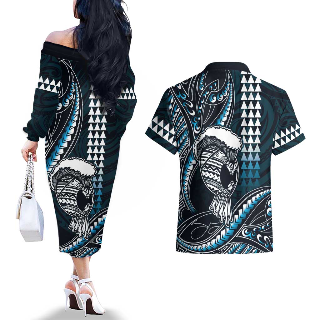Hawaii Ikaika Warrior Helmet Couples Matching Off The Shoulder Long Sleeve Dress and Hawaiian Shirt Blue Tribal Tattoo