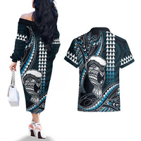 Hawaii Ikaika Warrior Helmet Couples Matching Off The Shoulder Long Sleeve Dress and Hawaiian Shirt Blue Tribal Tattoo