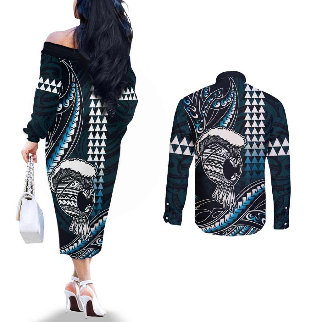 Hawaii Ikaika Warrior Helmet Couples Matching Off The Shoulder Long Sleeve Dress and Long Sleeve Button Shirt Blue Tribal Tattoo LT05 - Polynesian Pride