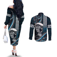 Hawaii Ikaika Warrior Helmet Couples Matching Off The Shoulder Long Sleeve Dress and Long Sleeve Button Shirt Blue Tribal Tattoo LT05 - Polynesian Pride