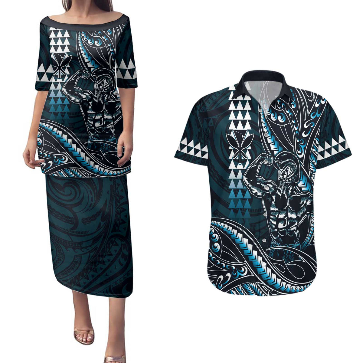 Hawaii Ikaika Warrior Helmet Couples Matching Puletasi and Hawaiian Shirt Blue Tribal Tattoo LT05 Blue - Polynesian Pride