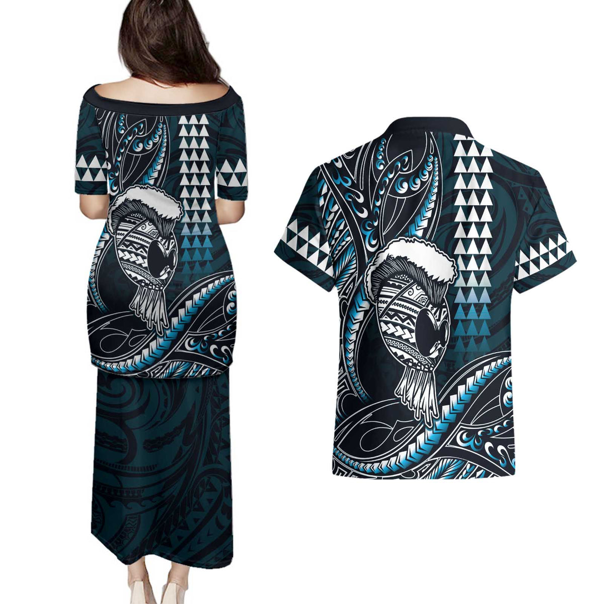 Hawaii Ikaika Warrior Helmet Couples Matching Puletasi and Hawaiian Shirt Blue Tribal Tattoo LT05 - Polynesian Pride