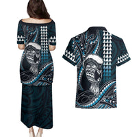 Hawaii Ikaika Warrior Helmet Couples Matching Puletasi and Hawaiian Shirt Blue Tribal Tattoo LT05 - Polynesian Pride