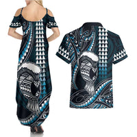 Hawaii Ikaika Warrior Helmet Couples Matching Summer Maxi Dress and Hawaiian Shirt Blue Tribal Tattoo LT05 - Polynesian Pride