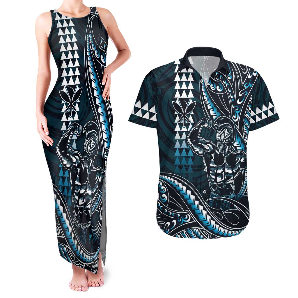 Hawaii Ikaika Warrior Helmet Couples Matching Tank Maxi Dress and Hawaiian Shirt Blue Tribal Tattoo LT05 Blue - Polynesian Pride