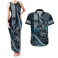Hawaii Ikaika Warrior Helmet Couples Matching Tank Maxi Dress and Hawaiian Shirt Blue Tribal Tattoo LT05 Blue - Polynesian Pride