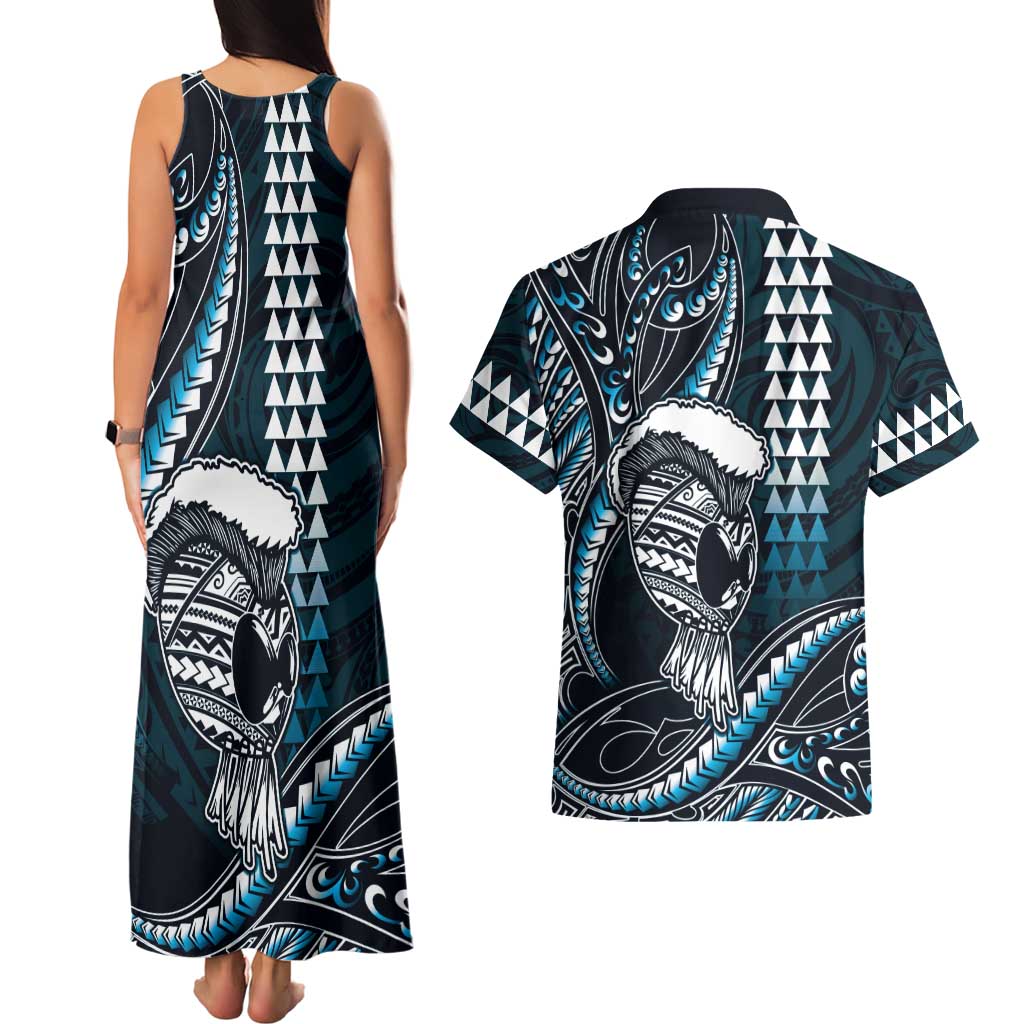 Hawaii Ikaika Warrior Helmet Couples Matching Tank Maxi Dress and Hawaiian Shirt Blue Tribal Tattoo LT05 - Polynesian Pride