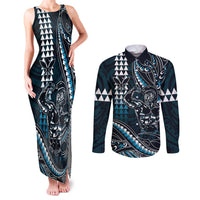 Hawaii Ikaika Warrior Helmet Couples Matching Tank Maxi Dress and Long Sleeve Button Shirt Blue Tribal Tattoo LT05 Blue - Polynesian Pride