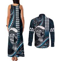 Hawaii Ikaika Warrior Helmet Couples Matching Tank Maxi Dress and Long Sleeve Button Shirt Blue Tribal Tattoo LT05 - Polynesian Pride