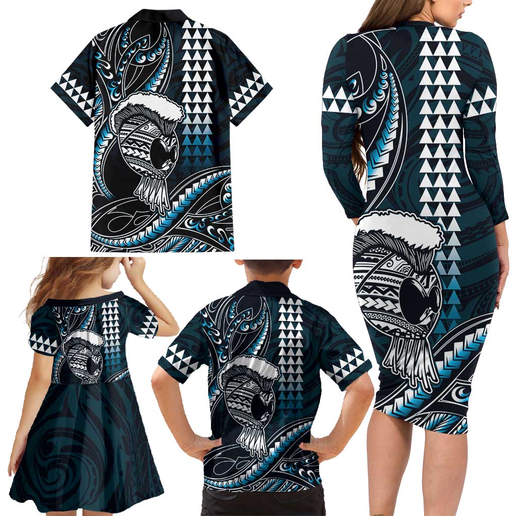 Hawaii Ikaika Warrior Helmet Family Matching Long Sleeve Bodycon Dress and Hawaiian Shirt Blue Tribal Tattoo LT05 - Polynesian Pride