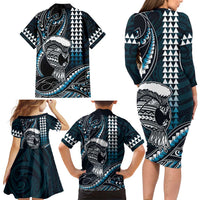 Hawaii Ikaika Warrior Helmet Family Matching Long Sleeve Bodycon Dress and Hawaiian Shirt Blue Tribal Tattoo LT05 - Polynesian Pride