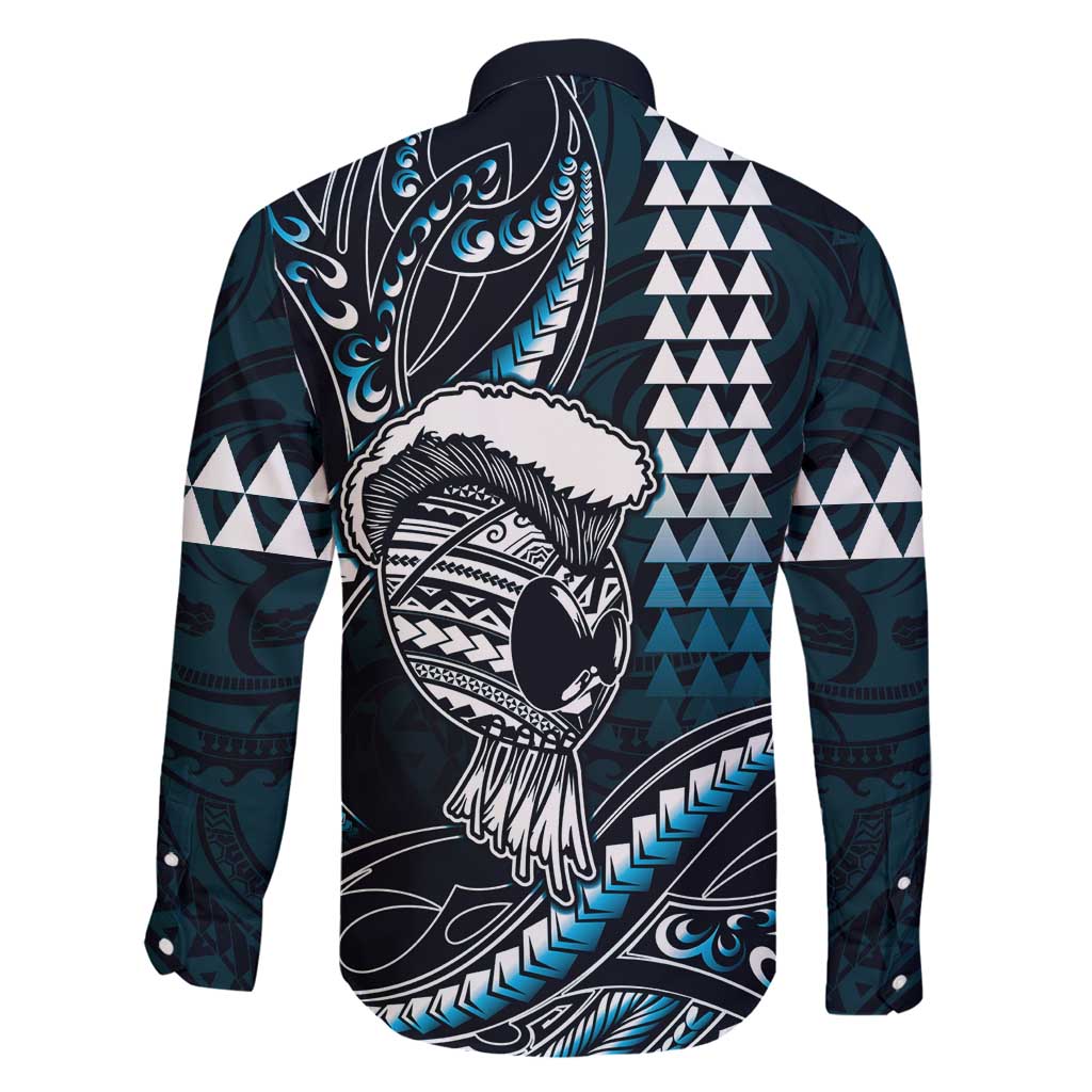 Hawaii Ikaika Warrior Helmet Family Matching Long Sleeve Bodycon Dress and Hawaiian Shirt Blue Tribal Tattoo LT05 - Polynesian Pride